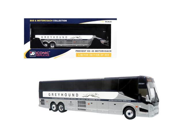 Prevost H3-45 Coach Bus 'Greyhound Scenicruiser Service' White and Raw Metal 1/87 (HO) Scale Diecast Model by Iconic Replicas