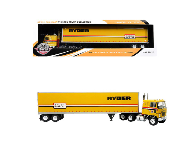 1970 GMC Astro 95 Tractor with Dry Van Trailer 'Ryder Truck Rental' Yellow with Stripes 1/43 Diecast Model by Iconic Replicas