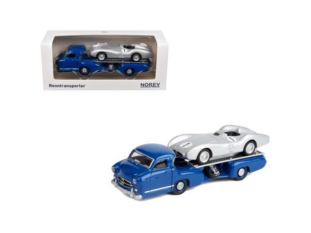 Mercedes-Benz Renntransporter Flatbed Truck Blue and 1954 Mercedes-Benz W196 #1 Silver Metallic 1/64 Diecast Model Car by Norev