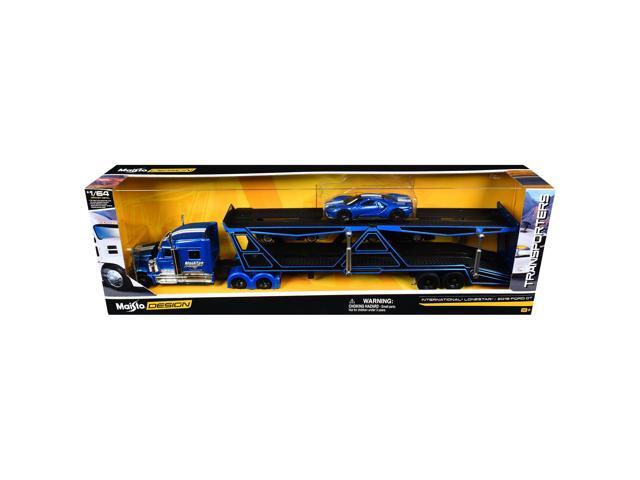 International Lonestar Hauler Blue Metallic with Graphics and 2019 Ford GT Blue Metallic w/White 1/64 Die Cast Models by Maisto