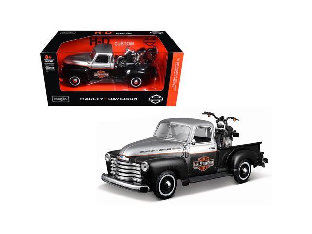 1950 Chevrolet 3100 Truck Silver Metallic and Black with 1948 Harley Davidson FL Panhead Motorcycle Black 1/24 Diecast by Maisto