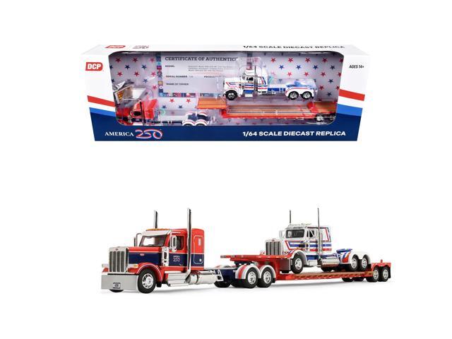 Peterbilt 589 with 44' Sleeper Red w/Blue & Lowboy w/Peterbilt 359 Load White, Blue & Red 1/64 Diecast Model by DCP/First Gear