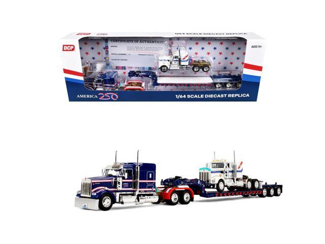 Kenworth W900L w/72' Aerocab Sleeper Blue w/White & Trailer w/W900A Load White w/Blue & Red 1/64 Diecast Model by DCP/First Gear