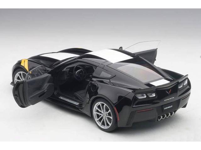2017 Chevrolet Corvette C7 Grand Sport Black with White Stripe and Yellow Fender Hash Marks 1/18 Model Car by Autoart