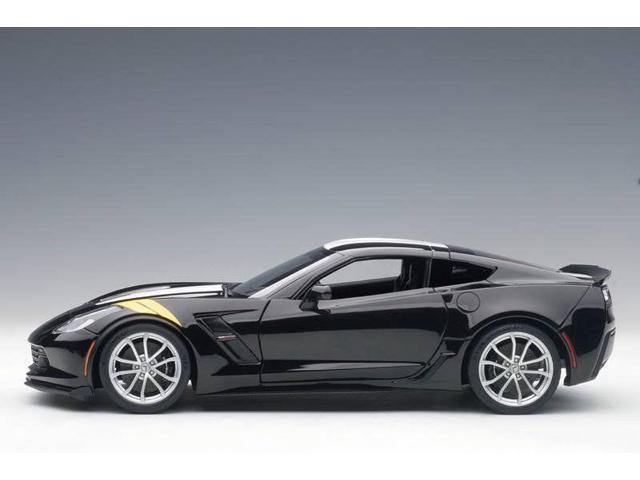2017 Chevrolet Corvette C7 Grand Sport Black with White Stripe and Yellow Fender Hash Marks 1/18 Model Car by Autoart