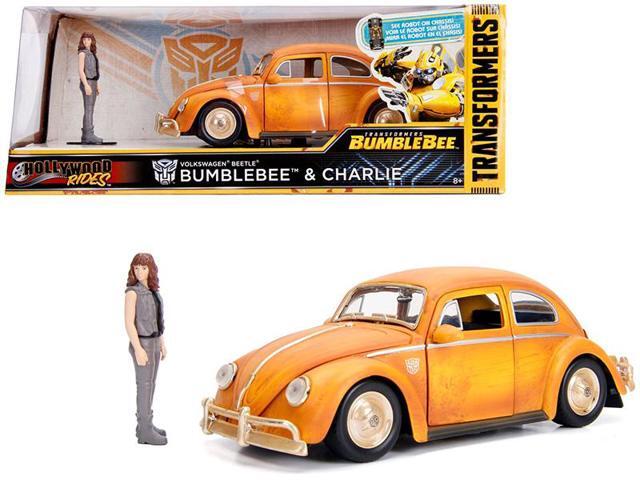 VW Beetle Weathered Yellow w/Robot on Chassis & Charlie Diecast Figurine 'Bumblebee' (2018) Movie 1/24 Diecast by Jada