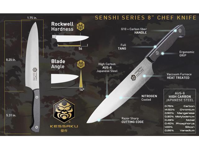 Kessaku 8-Inch Chef, 8-Inch Santoku, 8-Inch Nakiri, 3.5-Inch Paring - Senshi Series Knife Set - Forged High Carbon Japanese AUS-8 Stainless Steel -...