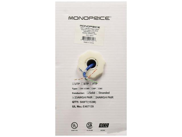 Monoprice Cat6 Ethernet Bulk Cable - Network Internet Cord - Solid, 500Mhz, UTP, CMR, Riser Rated, Pure Bare Copper Wire, 23AWG, 500ft, Blue