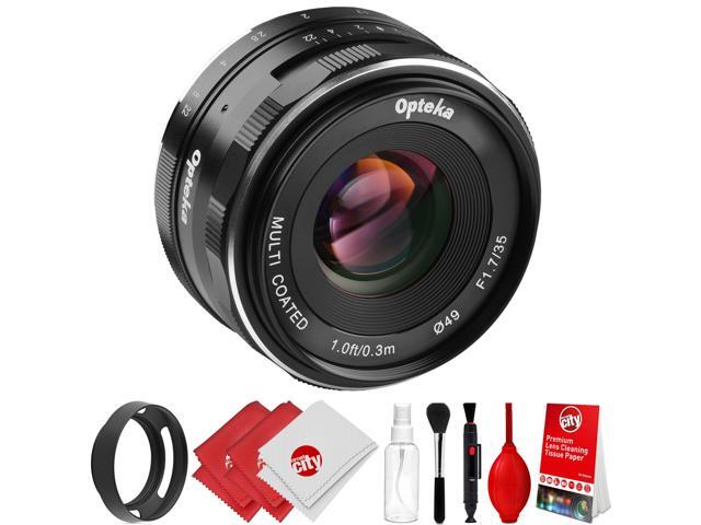 Opteka 35mm f/1.7 HD MC Manual Focus Prime Lens with Vented Hood and Cleaning Kit for Fuji X Mount APS-C Digital Cameras