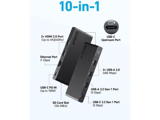 Anker 364 USB C Hub (10-in-1, Dual 4K HDMI) with Max 100W Power Delivery, Dual 4K@60Hz HDMI Ports, 4 USB-A and USB-C Data Ports, Ethernet and SD...