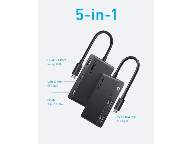 Anker USB C Hub, 332 USB-C Hub (5-in-1, 4K HDMI) with 100W Power Delivery, 4K@30Hz HDMI Display, 5Gbps USB-C and USB-A Data Ports for MacBook,...