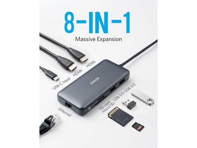 Anker USB C Hub, PowerExpand 8-in-1 USB C Adapter, with Dual 4K HDMI, 100W Power Delivery, 1 Gbps Ethernet, 2 USB 3.0 Data Ports, SD and microSD...