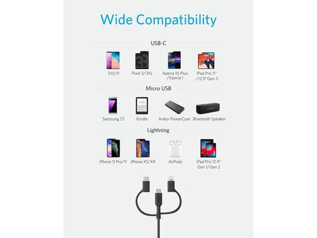 Anker Powerline II 3-in-1 Cable, Lightning/Type C/Micro USB Cable for iPhone, iPad, Huawei, HTC, LG, Samsung Galaxy, Sony Xperia, Android...