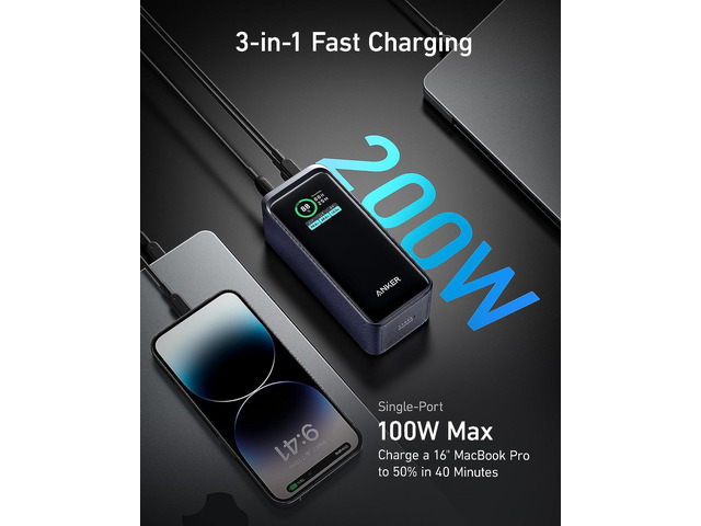 Anker Prime Power Bank, 20,000mAh Portable Charger with 200W Output, Smart Digital Display, 2 USB-C and 1 USB-A Port Compatible with iPhone 14/13...