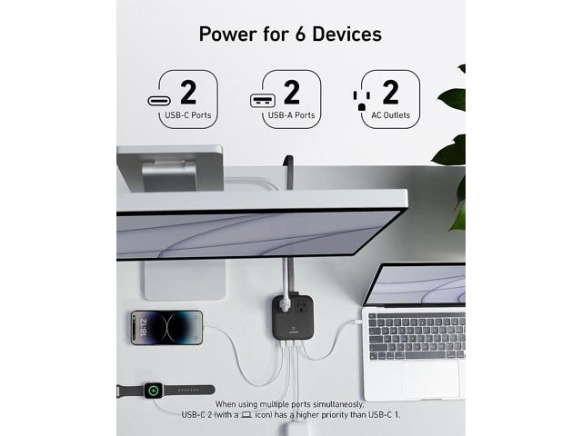 Anker Nano Charging Station, 6-in-1 USB C Power Strip 67W Max with Flat Plug and 5ft Thin Extension Cord, 2 AC, 2 USB A, 2 USB C, Works with iPhone...