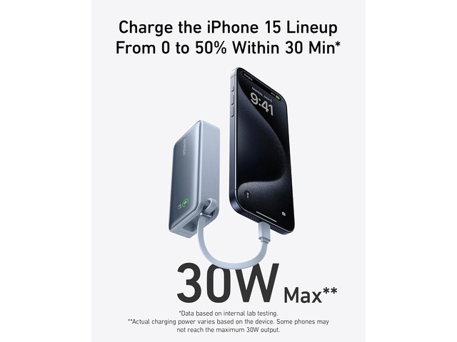 Anker Nano Power Bank, 10,000mAh Portable Charger with Built-in USB-C Cable, 30W Recharging, 30W Max Output with USB-C & A, for iPhone 17/16/15...