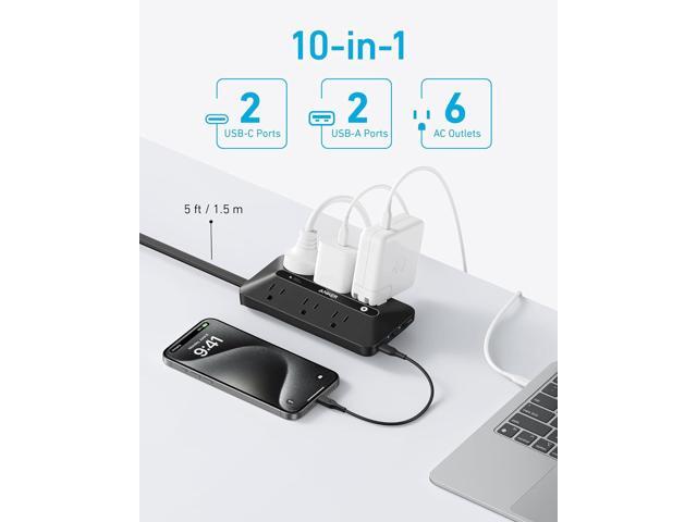 Flat Plug Power Strip 300J, Anker USB C Power Strip, 10-in-1 Ultra Thin Power Strip with 6 AC, 2 USB A and 2 USB C Ports,5ft Extension Cord, Desk...