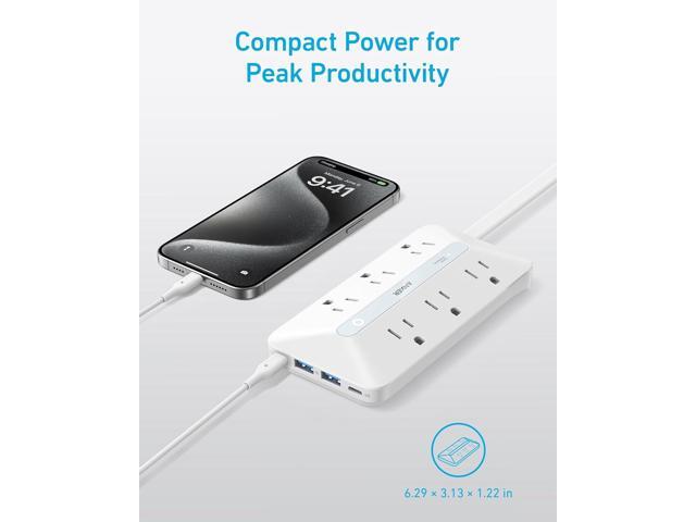 Flat Plug Power Strip 300J, Anker USB C Power Strip, 10-in-1 Ultra Thin Power Strip with 6 AC, 2 USB A and 2 USB C Ports,5ft Extension Cord, Desk...