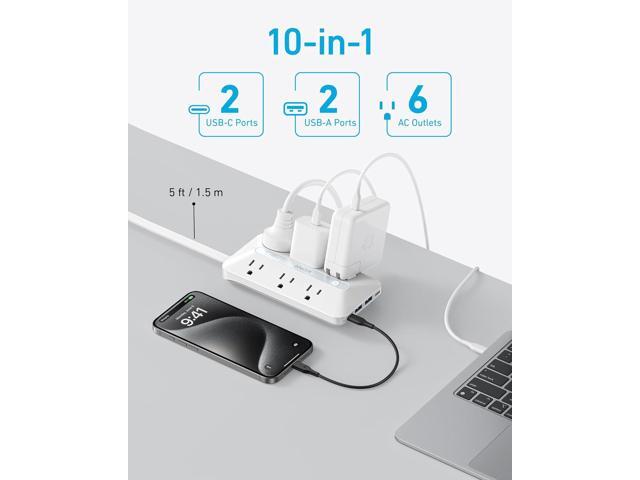 Flat Plug Power Strip 300J, Anker USB C Power Strip, 10-in-1 Ultra Thin Power Strip with 6 AC, 2 USB A and 2 USB C Ports,5ft Extension Cord, Desk...