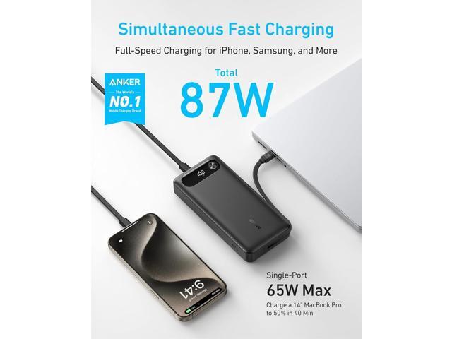 Anker Power Bank, 20,000mAh Portable Charger with Built-in USB-C Cable, 87W Max Fast Charging Battery Pack for Laptop, 2 USB-C and 1 USB-A, for...