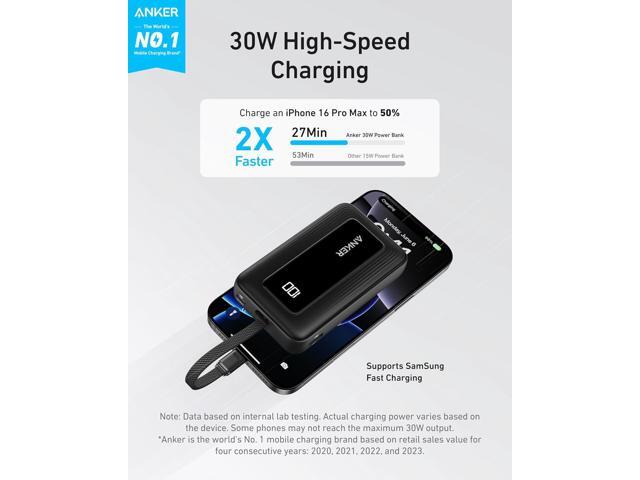Anker Zolo Portable Charger, 10,000mAh 30W Power Bank with Built-in Lanyard USB-C Cable for Travel, Fast Charging Battery Pack for iPhone 16/15...