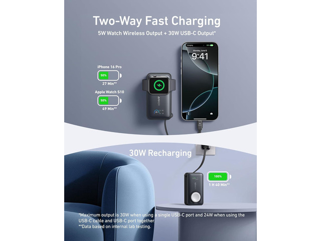 Anker MagGo Power Bank for Apple Watch, Officially Certified, 10,000 mAh Compact Battery Pack with Built-in USB-C Cable, 35 W Max, for iPhone 15...