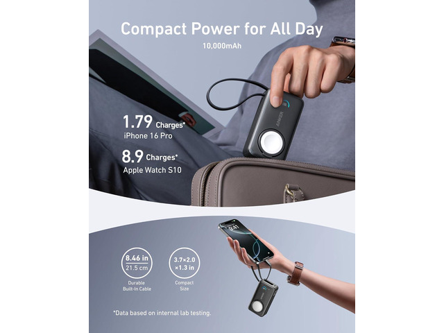 Anker MagGo Power Bank for Apple Watch, Officially Certified, 10,000 mAh Compact Battery Pack with Built-in USB-C Cable, 35 W Max, for iPhone 15...