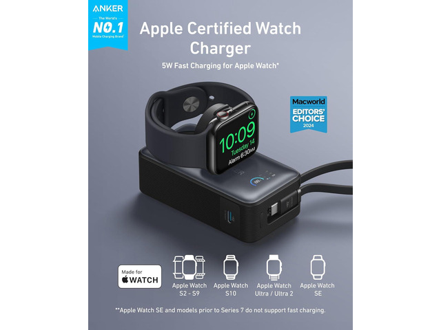 Anker MagGo Power Bank for Apple Watch, Officially Certified, 10,000 mAh Compact Battery Pack with Built-in USB-C Cable, 35 W Max, for iPhone 15...