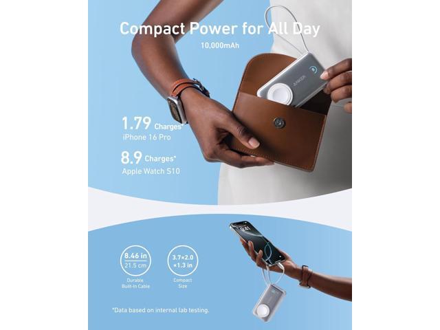 Anker MagGo Power Bank for Apple Watch, Officially Certified, 10,000 mAh Compact Battery Pack with Built-in USB-C Cable, 35 W Max, for iPhone 15...
