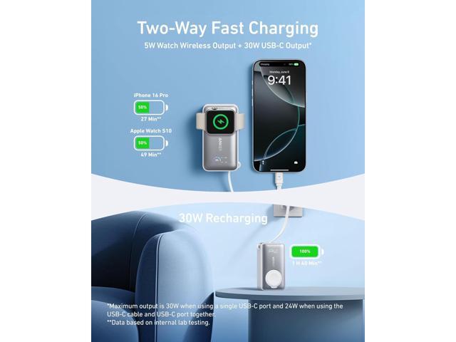 Anker MagGo Power Bank for Apple Watch, Officially Certified, 10,000 mAh Compact Battery Pack with Built-in USB-C Cable, 35 W Max, for iPhone 15...