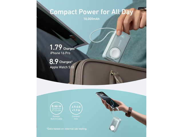 Anker MagGo Power Bank for Apple Watch, Officially Certified, 10,000 mAh Compact Battery Pack with Built-in USB-C Cable, 35 W Max, for iPhone 15...