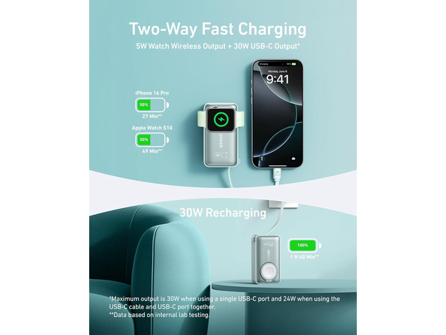 Anker MagGo Power Bank for Apple Watch, Officially Certified, 10,000 mAh Compact Battery Pack with Built-in USB-C Cable, 35 W Max, for iPhone 15...