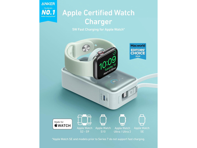 Anker MagGo Power Bank for Apple Watch, Officially Certified, 10,000 mAh Compact Battery Pack with Built-in USB-C Cable, 35 W Max, for iPhone 15...