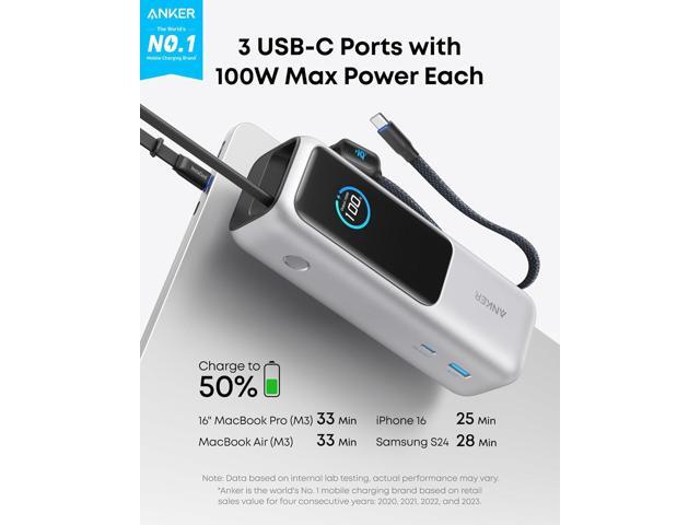 Anker Laptop Power Bank, 25,000mAh Portable Charger with Triple 100W USB-C Ports for Multi-Device Charging, Built-in and Retractable Cables, for...
