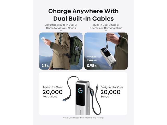 Anker Laptop Power Bank, 25,000mAh Portable Charger with Triple 100W USB-C Ports for Multi-Device Charging, Built-in and Retractable Cables, for...