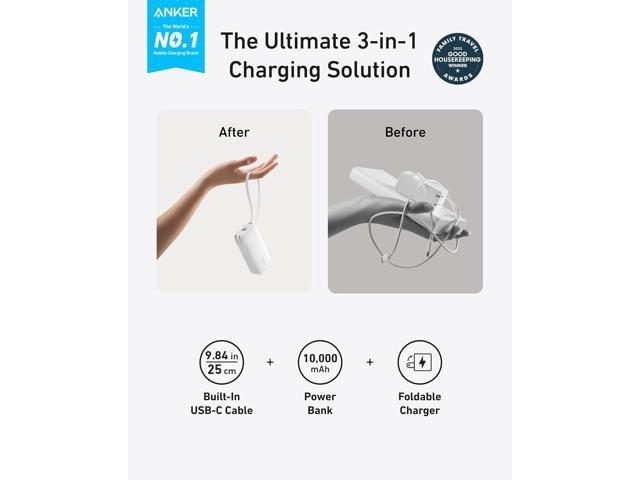 Anker Nano 3-in-1 Portable iPhone Charger, 10,000mAh Power Bank with Built-in USB-C Cable and Foldable Wall Plug, 30W Max Battery Pack, Travel...