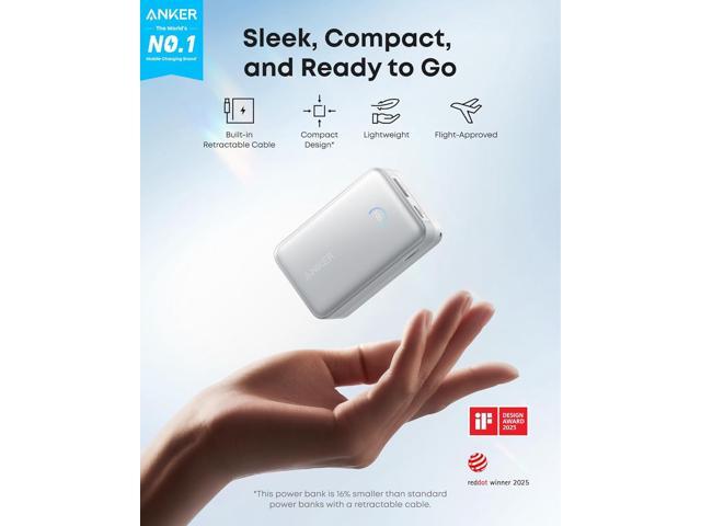 Anker Nano Power Bank, 10,000mAh Portable Charger with 2.3 ft InstaCord Retractable Cable, 45W Max Compact Battery Pack, Smart Display, for iPhone...