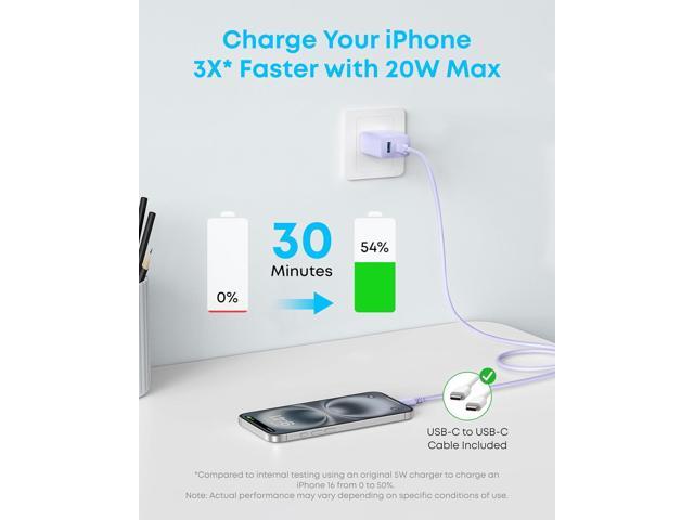 Anker iPhone 16 Charger, 2-Pack 20W Fast USB C Charger Block, for iPhone 16/16 Pro Max/15 Series/iPad Pro and More (White, 2 Pack & 2 Cable) Purple