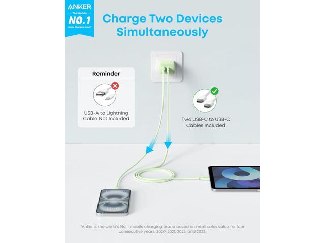 Anker iPhone 16 Charger, 2-Pack 20W Fast USB C Charger Block, for iPhone 16/16 Pro Max/15 Series/iPad Pro and More (White, 2 Pack & 2 Cable) Green