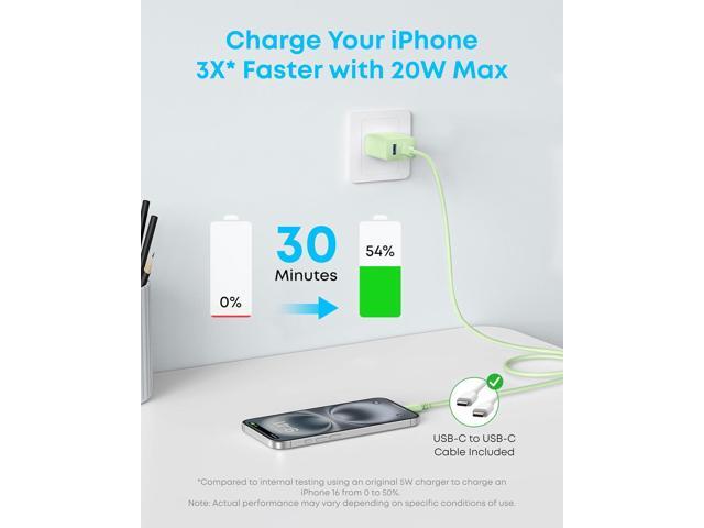 Anker iPhone 16 Charger, 2-Pack 20W Fast USB C Charger Block, for iPhone 16/16 Pro Max/15 Series/iPad Pro and More (White, 2 Pack & 2 Cable) Green