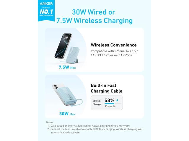 Anker Zolo Magnetic Power Bank, 10,000mAh Wireless Portable Charger with 30W Max Fast Charging, Battery Pack with Built-in USB-C Cable and...