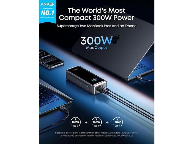 Anker Prime Power Bank, 26,250mAh 3-Port Portable Charger with 300W Max Output, Two-Way Charging, TSA-Approved, App Control, for MacBook, iPhone...