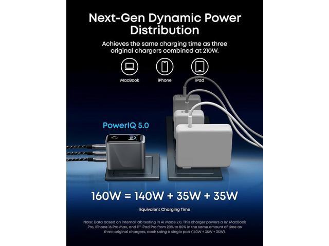 Anker Prime Charger, 160W 3-Port Compact GaN USB C Charger Block, Smart Display and Touch Control, 140W Max Charging via Any Single Port, for...