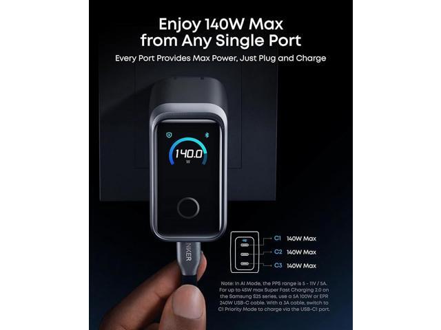 Anker Prime Charger, 160W 3-Port Compact GaN USB C Charger Block, Smart Display and Touch Control, 140W Max Charging via Any Single Port, for...