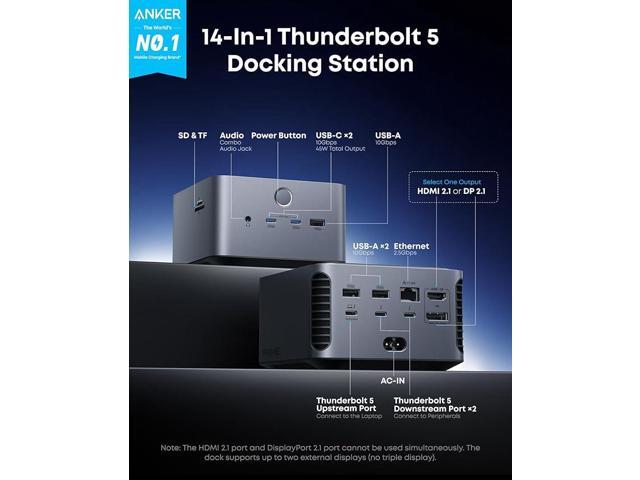 Anker Prime TB5 Docking Station, 14-in-1 Thunderbolt 5 Dock with 120Gbps Max Transfer, Thunderbolt Dock with 140W Max Charging, Cooling System, Up...