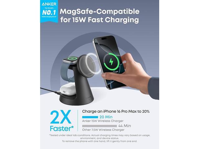 Anker MagSafe Charger Compatible, MagGo 3-in-1 Charging Station, Nano Charging Stand, Qi2 Certified 15W Magnetic Wireless Charger Dock, for...
