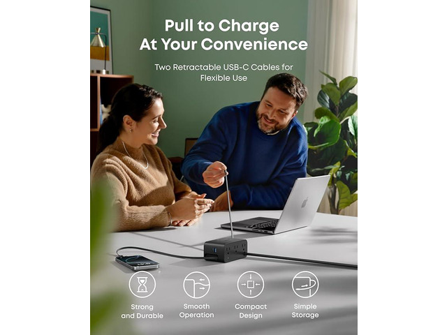 Anker Nano Charging Station, 7-in-1 USB-C Power Strip for iPhone 16, 2.3 ft Anker InstaCord Retractable Cable, 3 USB-C, 1 USB-A, 3 AC, 100W Desktop...