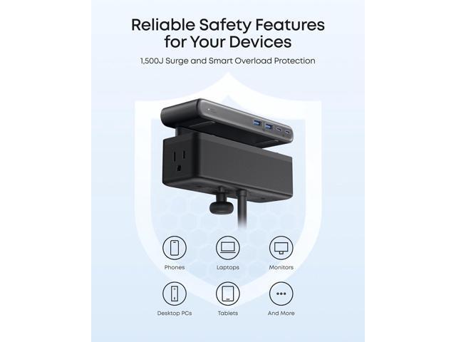 Anker Nano Power Strip, Desk Clamp with 1500J Surge Protector, 5ft Extension Cord, 70W Max Gaming Desk Accessories, 6 AC, 2 USB A, 2 USB C, Home...