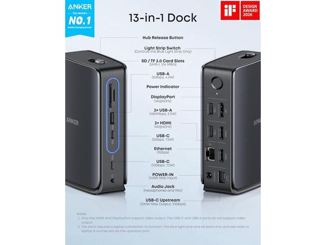 Anker Nano Laptop Docking Station with Detachable Hub, 13-in-1 USB-C Triple Display Docking with 2 HDMI+1 DP, 10 Gbps USB-C, 3 USB-A, Audio, SD/TF,...