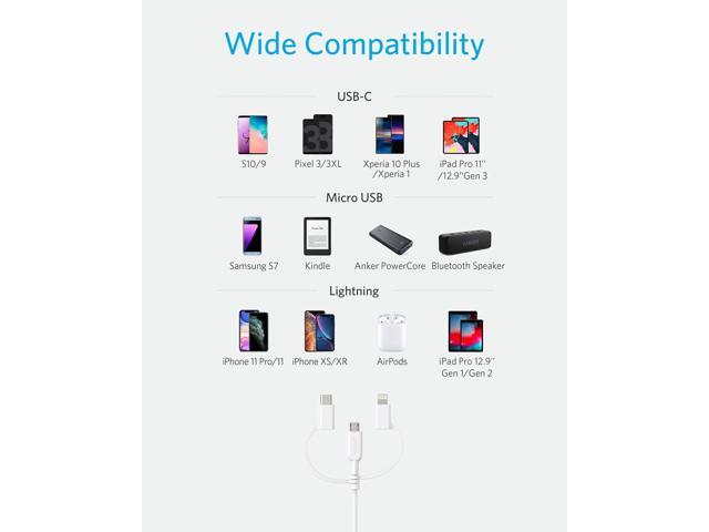 Anker Powerline II 3-in-1 Cable, Lightning/Type C/Micro USB Cable for iPhone, iPad, Huawei, HTC, LG, Samsung Galaxy, Sony Xperia, Android...